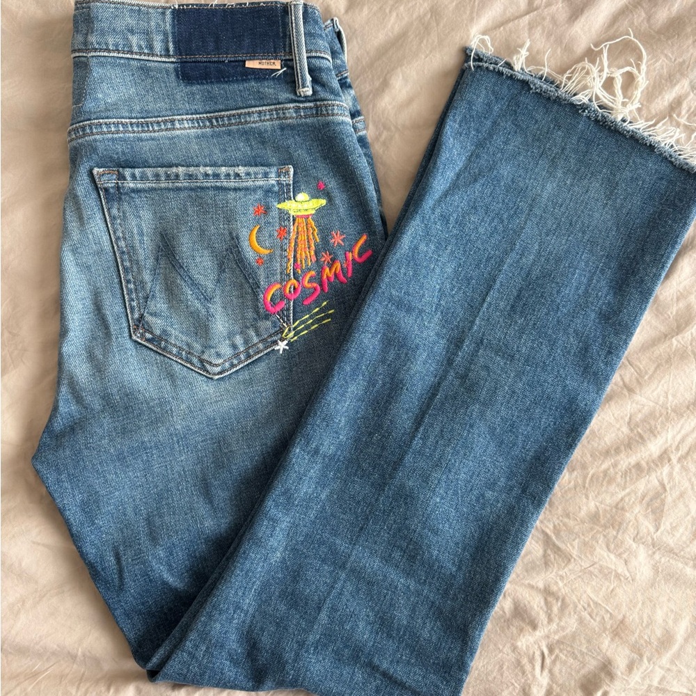 MOTHER Straight Leg Jeans with Cosmic Embroidery - Blue